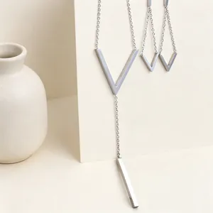 Minimalist V-shape tassel necklace and earring jewelry set in polished silver stainless steel