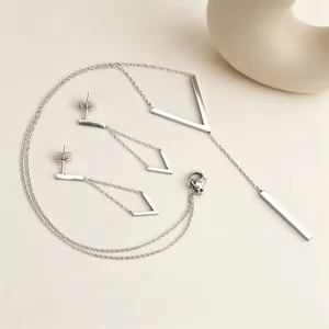 Minimalist stainless steel V-shape tassel chain necklace and stud earrings jewelry set