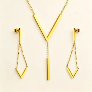 Minimalist V Shape Necklace And Earrings Stainless Steel Geometric Long Bar Tassel Clavicle Chain Jewelry For Women