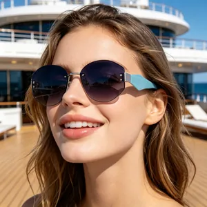Close-up of stylish rimless polygon sunglasses with light blue geometric temples