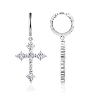 Detailed view of S925 silver hoop earrings with shimmering moissanite cross pendants