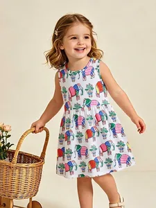 Girls Sleeveless Round Neck Elephant Print Dress Polyester Spandex Summer A-Line Princess Party Dress For Kids Multicolor