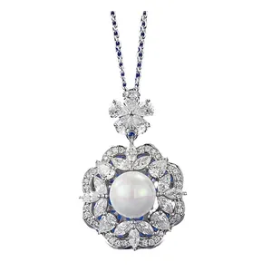 Elegant S925 silver necklace with 8mm white pearl surrounded by sparkling crystal floral