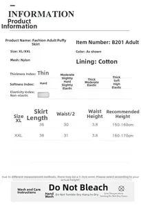 Detailed size chart and washing instructions for the adult tulle tutu skirt in nylon and cotton