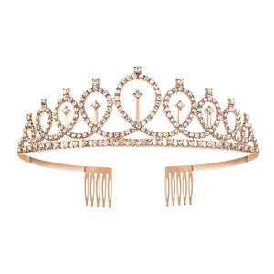 Exquisite rose gold rhinestone crown tiara with side combs for birthday party and wedding