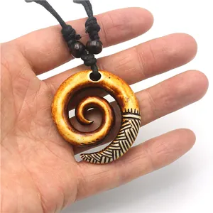Retro Maori spiral pendant necklace with resin bone carving design and woven cord