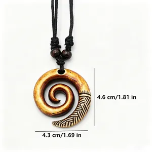 Maori spiral resin necklace with tribal bone-like carving and adjustable cord