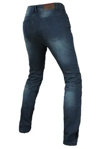 Durable dark blue motorcycle jeans with reinforced stretch panels for riding safety