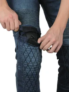 Blue motorcycle riding jeans featuring flexible accordion panels and removable knee armor pads