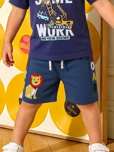 Kids Boys Summer Casual 100% Cotton Shorts Cartoon Lion Embroidered Navy Blue Soft Breathable Children Sporty Bottoms
