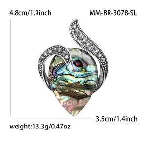 Abalone shell teardrop brooch with silver leaf accents and grey stones, 4.8cm height