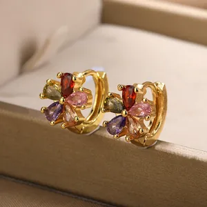 Luxury Gold Plated Copper Zirconia Flower Hoop Earrings For Women Minimalist Colorful Petal Inlaid Huggie Earrings Jewelry