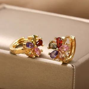 Gold-plated floral hoop earrings with colorful zircon petals in a premium jewelry gift box