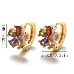 Luxurious gold flower earrings with multi-colored cubic zirconia in 1.4cm size