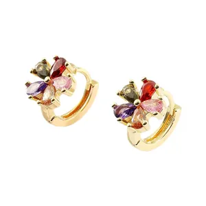 Luxurious gold-plated flower hoop earrings with colorful zircon petals on white background