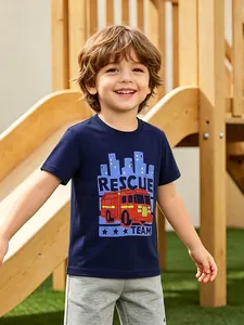 Maglietta a Maniche Corte in Cotone Estiva per Bambini Stampa Camion dei Pompieri Girocollo Casual Sport Top Rescue Team Blu