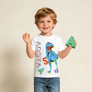 T-shirt en coton blanc pour garçon avec imprimé dinosaure bleu et short en jean