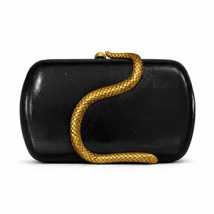 Detail view of black glossy PU clutch bag featuring an intricate golden snake sculpture