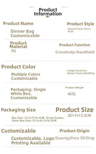 Detailed specifications table for PU evening clutch showing 20x11x5.5CM size and 497G weight