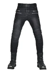 Men's slim fit black biker jeans with tactical cargo pockets and knee pleated panels