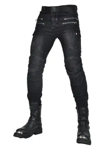 Black slim-fit motorcycle jeans for men featuring knee pleats and tactical zip pockets