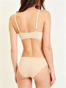 Detail view of skin-tone seamless wireless bra and panties set with adjustable straps