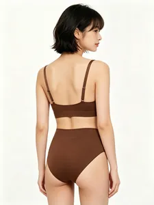Rear view of brown seamless high-waist lingerie set with slim straps and elastic fabric
