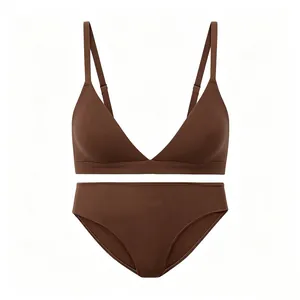 Deep brown seamless wireless stretch bra and high waist panty set on white background