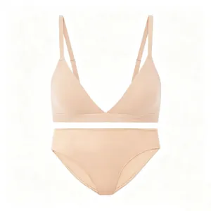Seamless V-neck bralette and brief set in beige high-elasticity fabric for daily comfort