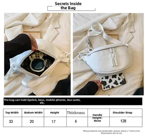 Size chart showing 33cm width white PU leather crescent bag with shoulder strap dimensions
