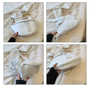 Detailed views of a white PU leather crescent bag featuring plastic chain and embossed text