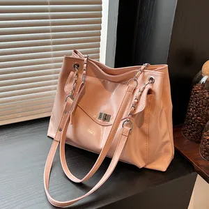Pink large-capacity tote bag with shiny crinkled leather and silver chain straps for women