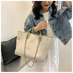 Détail du sac cabas tissé crème avec poignées en cuir marron et chaîne argentée