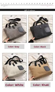Canvas tote bag display showing grey, black, beige, and khaki color options
