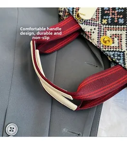 Dettaglio della borsa tote tessuta con motivi geometrici e manici rinforzati comodi