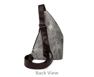 Vue arrière détaillée du sac bandoulière gris marbré avec sangle réglable marron