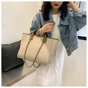 Détail du sac cabas en toile beige avec bordure en cuir marron et bandoulière chaîne