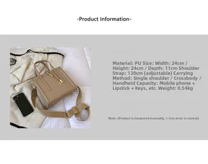 Detail view of khaki PU leather tote bag with dimensions 24x24x11cm and adjustable strap