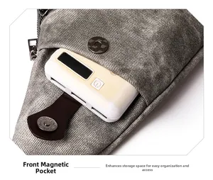 Détail de la poche magnétique avant du sac à bandoulière gris montrant le rangement