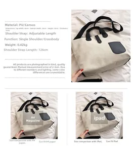 Detail showing large capacity canvas tote bag dimensions and A4 magazine fit comparison