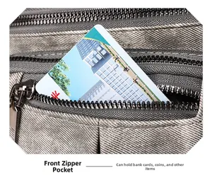 Détail de la poche zippée avant du sac gris contenant des cartes et petits objets