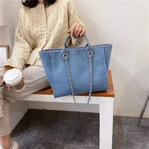Sac Fourre-Tout en Toile pour Femmes Grande Capacité Mode Chaîne Épaule Bandoulière Sac Seau Décontracté Shopping