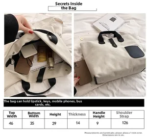 Detailed size chart and internal capacity layout for canvas tote bag with dimensions