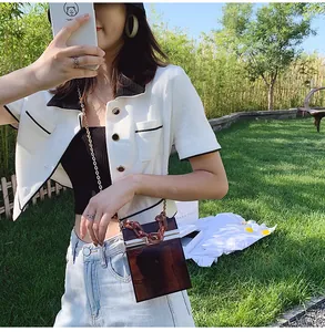 Detail of a brown transparent acrylic square handbag with a thick link chain and metal frame