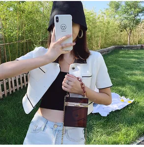 Brown acrylic box bag featuring amber thick chain and gold shoulder strap outdoors