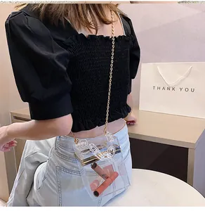 Detailed view of clear acrylic mini crossbody bag with gold metal frame and thick chain