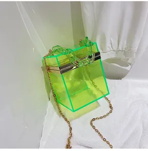 Detail view of neon green acrylic box bag with gold metal frame and chunky chain handle