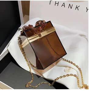 Close-up of amber acrylic box bag featuring golden metal frame and chunky resin chain