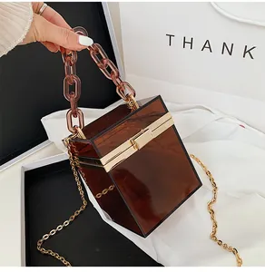 Close-up of brown acrylic cube handbag with chunky resin chain and gold metal buckle