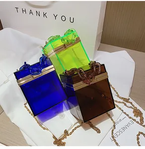 Detail of colorful transparent acrylic box bags with resin chains and metal locks